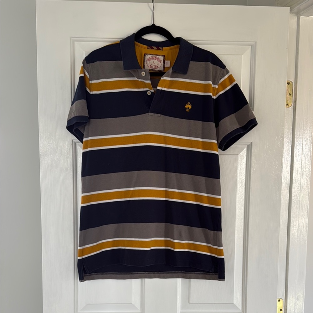 Brooks Brothers Men's Striped Polo Shirt - Navy, Gray, and Gold